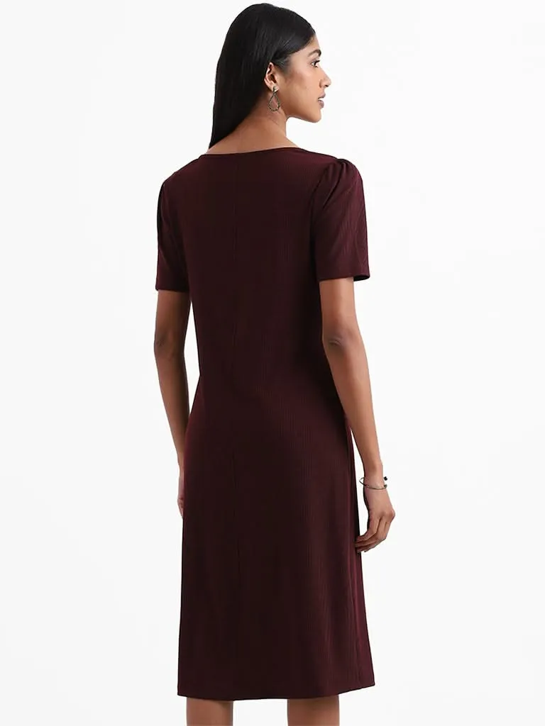 Wardrobe Plain Burgundy Cotton Blend Princess-Cut Dress