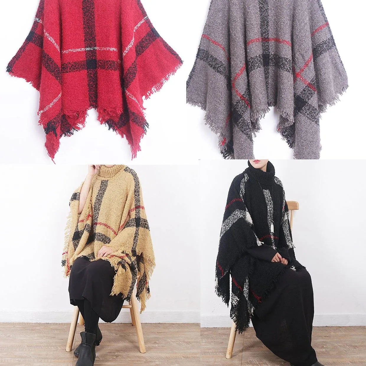 winter original design plaid high neck knit tops oversize black tassel cloak