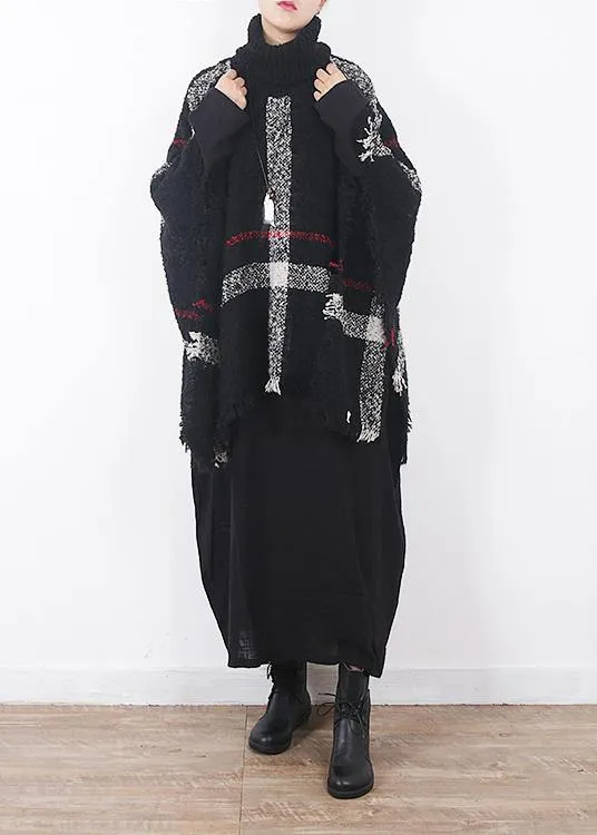 winter original design plaid high neck knit tops oversize black tassel cloak