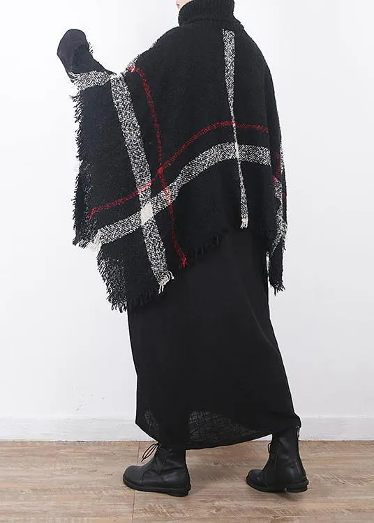 winter original design plaid high neck knit tops oversize black tassel cloak