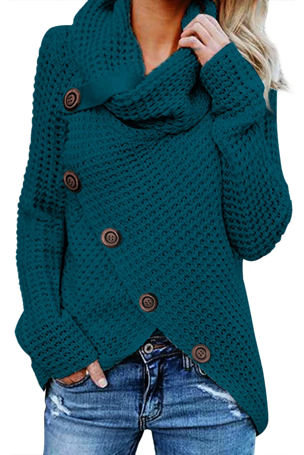 Winter Outfits Slate Blue Buttoned Wrap Turtleneck Sweater