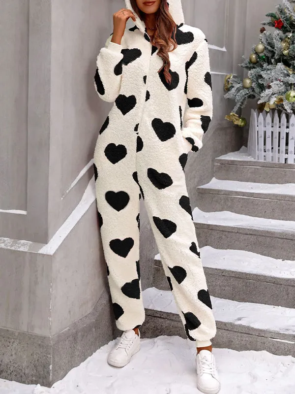 Women Plush Heart Print Christmas Hooded Jumpsuit