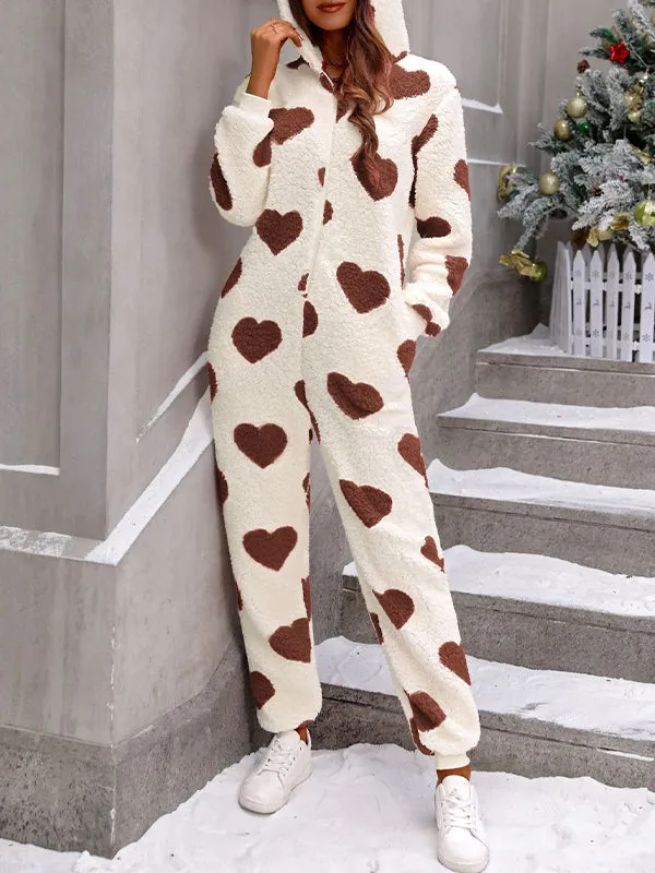 Women Plush Heart Print Christmas Hooded Jumpsuit