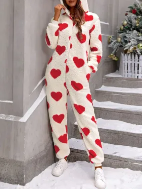 Women Plush Heart Print Christmas Hooded Jumpsuit