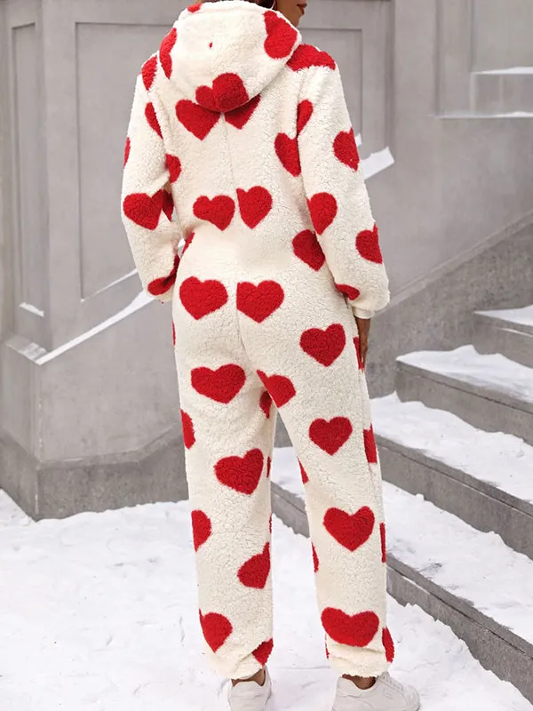 Women Plush Heart Print Christmas Hooded Jumpsuit