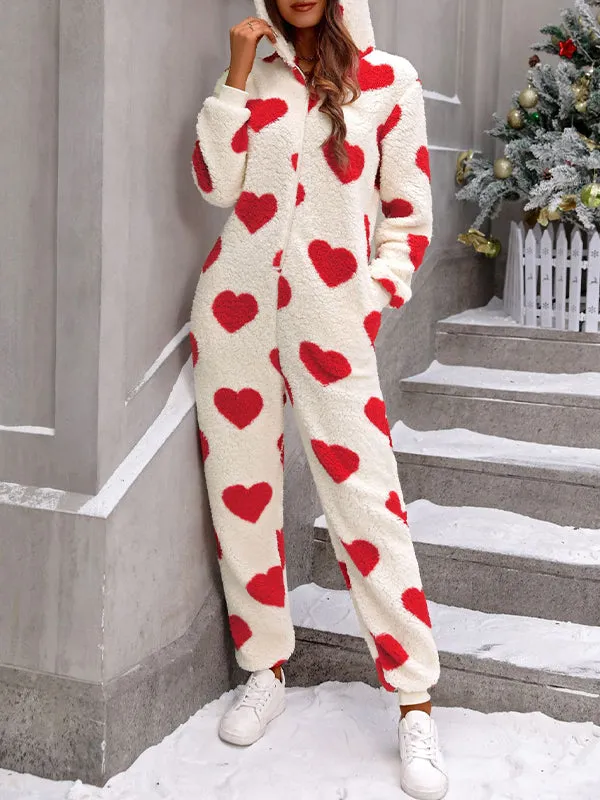 Women Plush Heart Print Christmas Hooded Jumpsuit