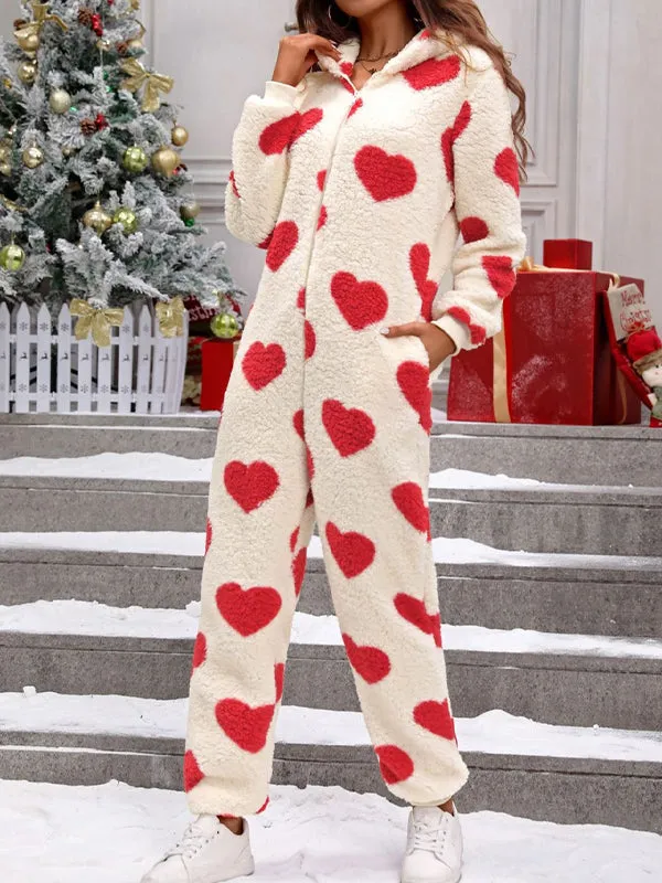 Women Plush Heart Print Christmas Hooded Jumpsuit