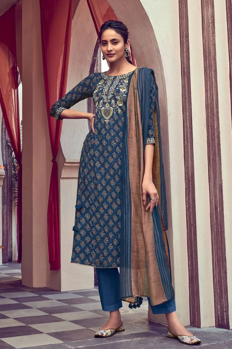 Women's Blue Unstitched Modal Silk Suit Dress Material with Embroidery