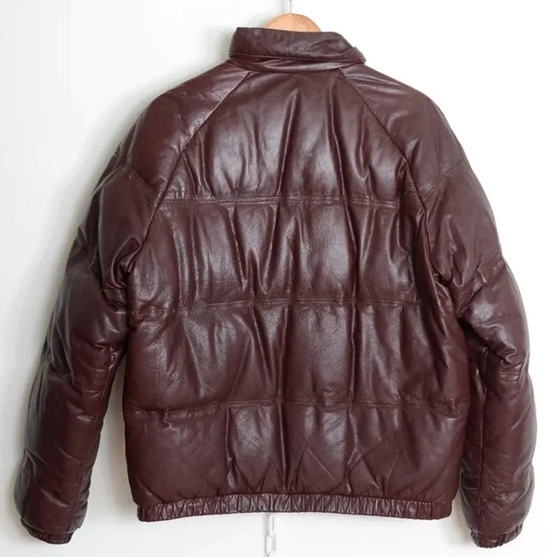 Womens Brown Down Filled Bomber Leather Puffer Jacket