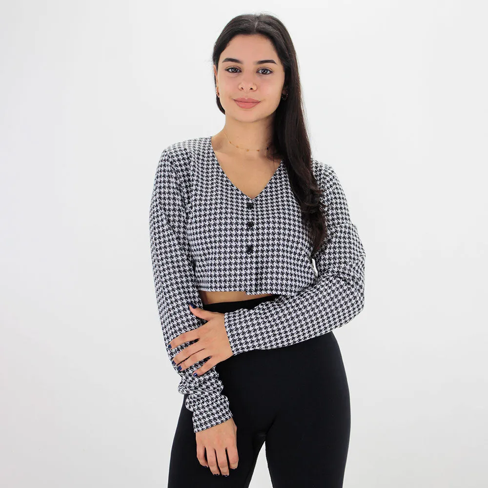 Women's Plaid Button Style Crop Sweaters,Black/White