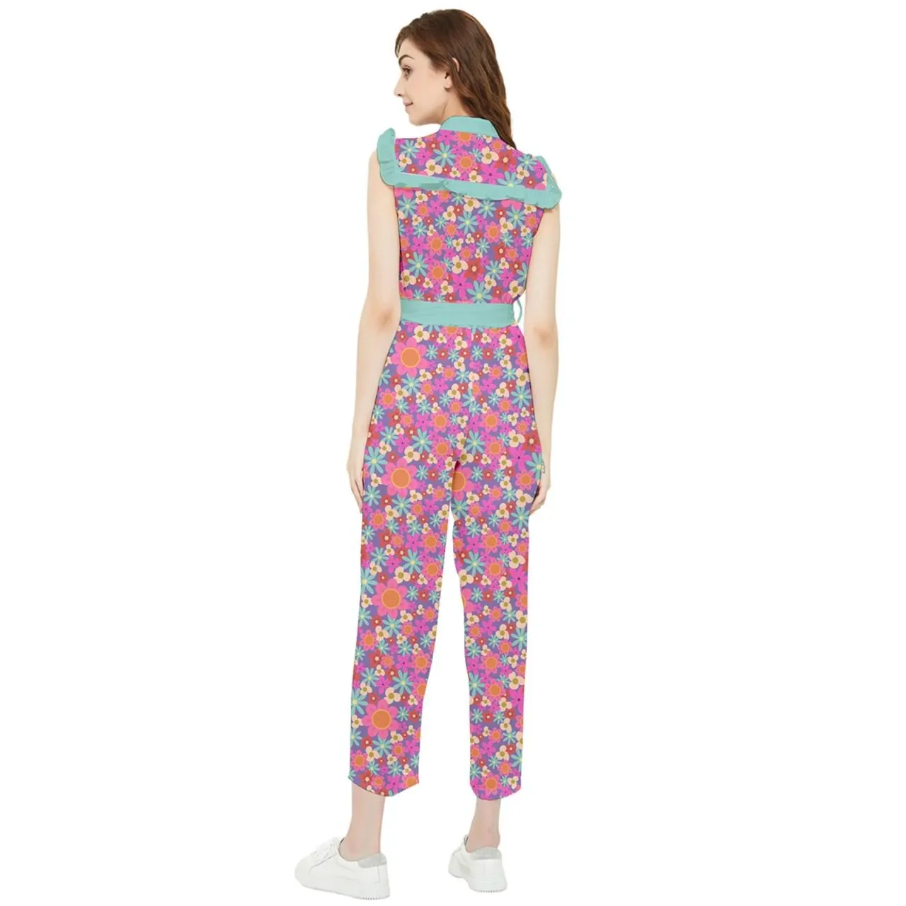 Women's Retro Pink 70s Style Chiffon Blue Ruffle Floral Jumpsuit - Vintage Style Pants Overall