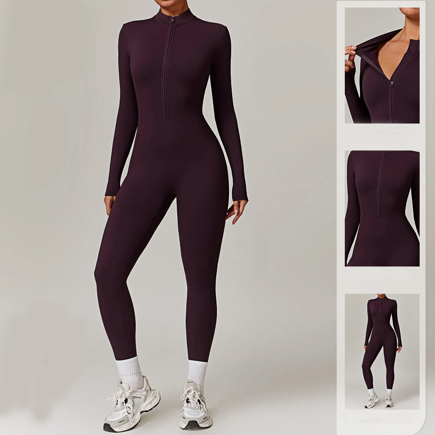 Women's Warm Long-Sleeve Zipper Jumpsuit - Breathable Yoga Fitness Sports Bodysuit for Activewear and Everyday Comfort