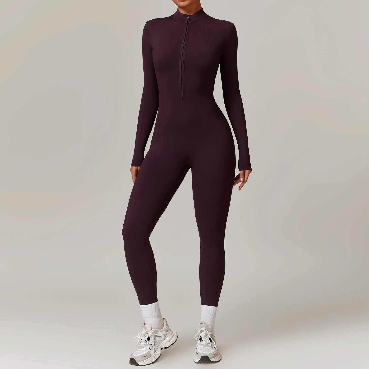 Women's Warm Long-Sleeve Zipper Jumpsuit - Breathable Yoga Fitness Sports Bodysuit for Activewear and Everyday Comfort