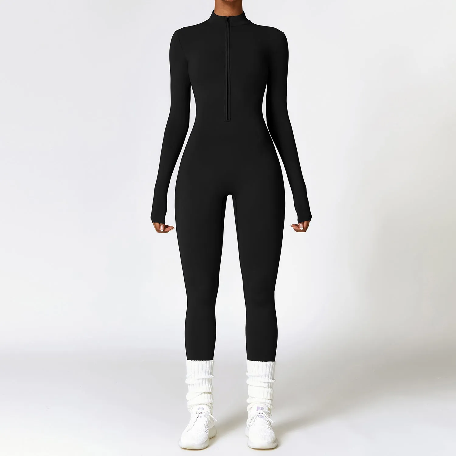 Women's Warm Long-Sleeve Zipper Jumpsuit - Breathable Yoga Fitness Sports Bodysuit for Activewear and Everyday Comfort