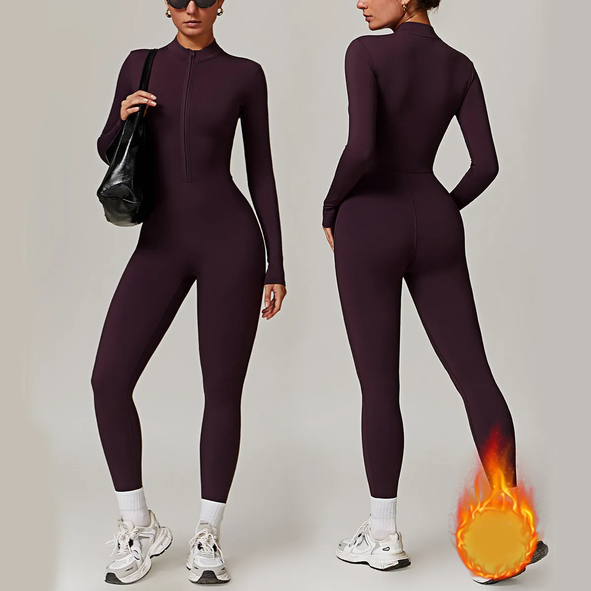 Women's Warm Long-Sleeve Zipper Jumpsuit - Breathable Yoga Fitness Sports Bodysuit for Activewear and Everyday Comfort