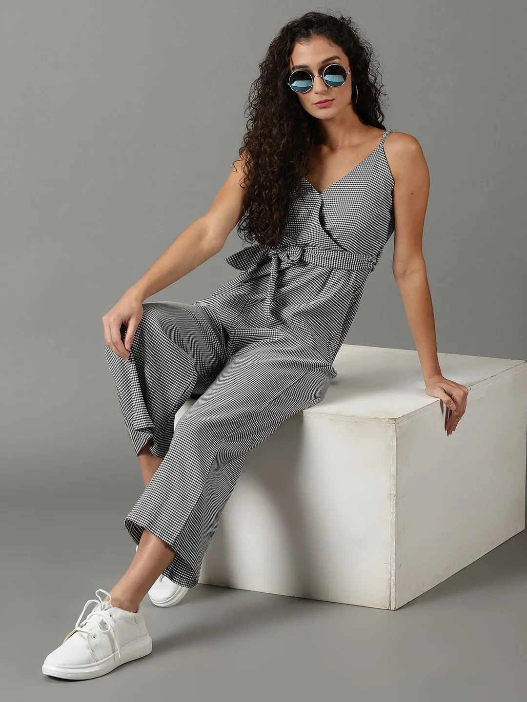 Women's White Checked Jumpsuit