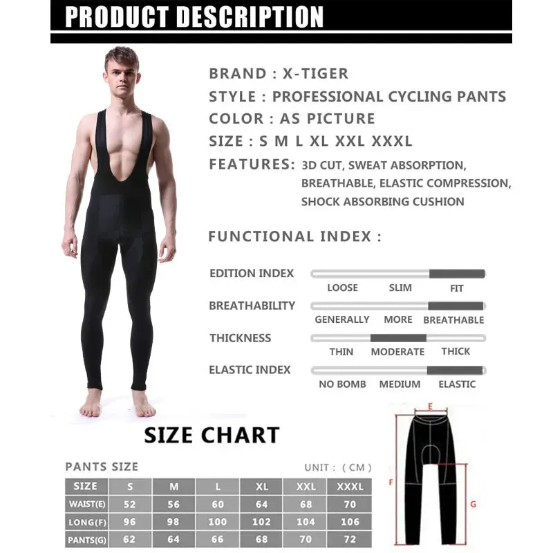 X-Tiger Cycling Bib Pants Long 5D Padded Mountain Bike Tights Leggings Outdoor Men's Bicycle Trousers Riding Biking UPF50