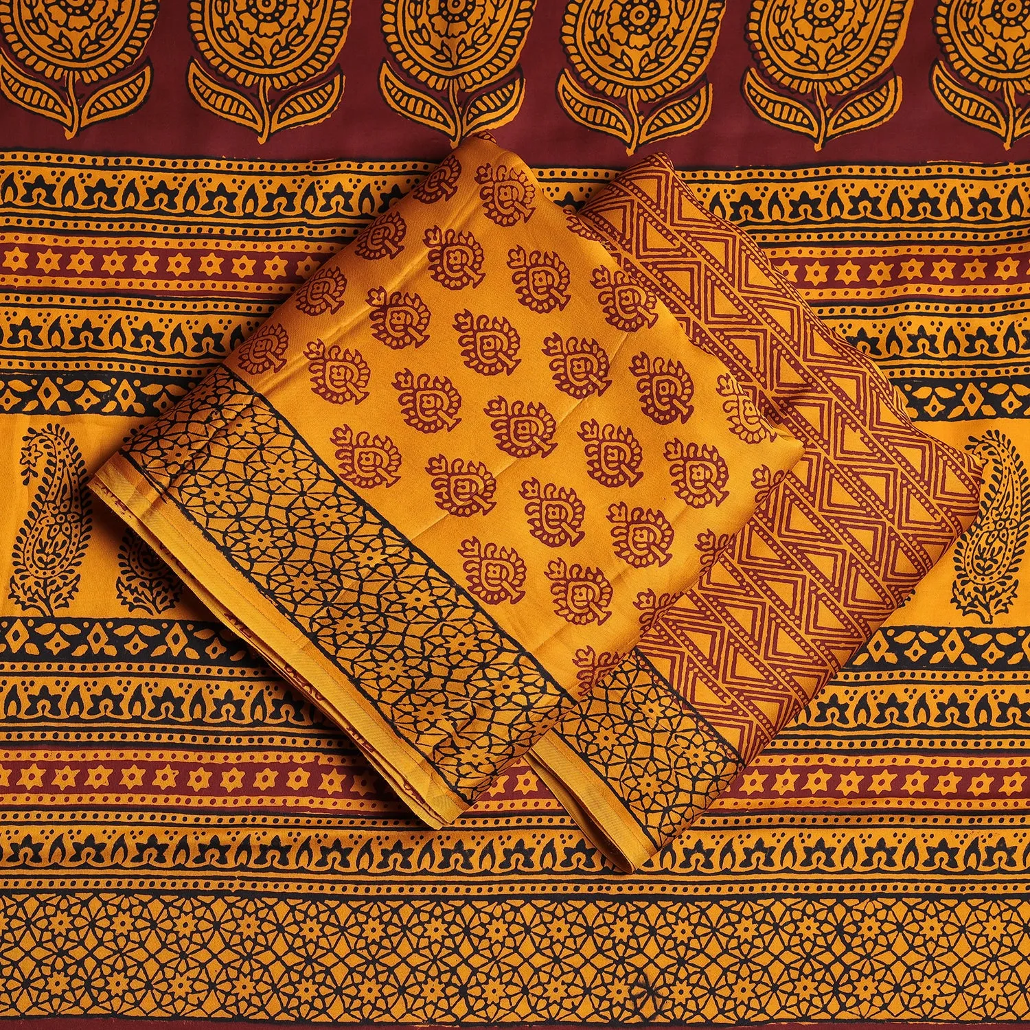 Yellow - 3pc Bagh Block Printed Modal Silk Suit Material Set