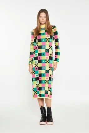 Yellow Green Multi Tile Knitted Midi Dress